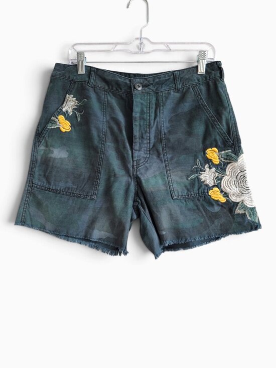 Free People Pants - Free People Scout Camo Embroidered Utility Shorts Green Floral Frayed Hem